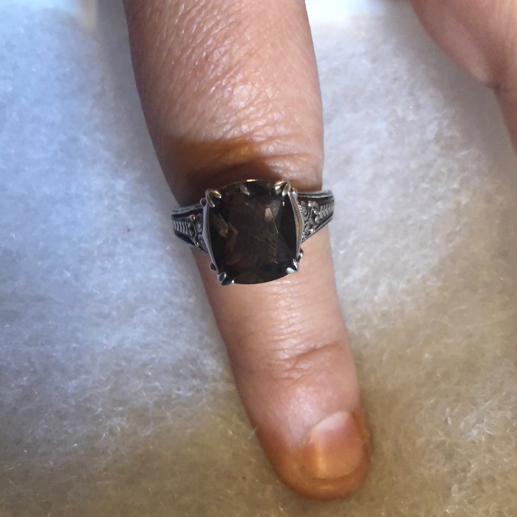 Smoky Quartz Faceted Cushion Solitaire Sterling Silver Cocktail Ring